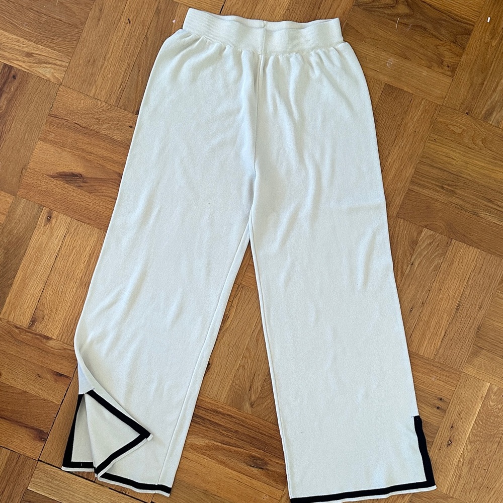 Cream Wide-Leg Pants with Black Trim